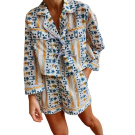 DSANSIWU Women's Lace Up Front Floral Stripe Print Long Sleeve Ruffle Wide Leg Shorts Y2K 2 Piece Pajamas, A-Blue