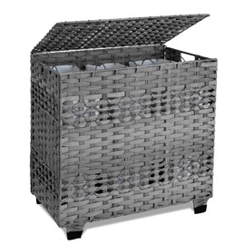 OIAHOMY Laundry Hamper with Lid, 140L Clothes Hamper with 3 Removable Liner Bags, Foldable Basket with Lid, Synthetic Wicker Laundry Basket for Bedroom, 27x 13 x 26 Inches, Grey