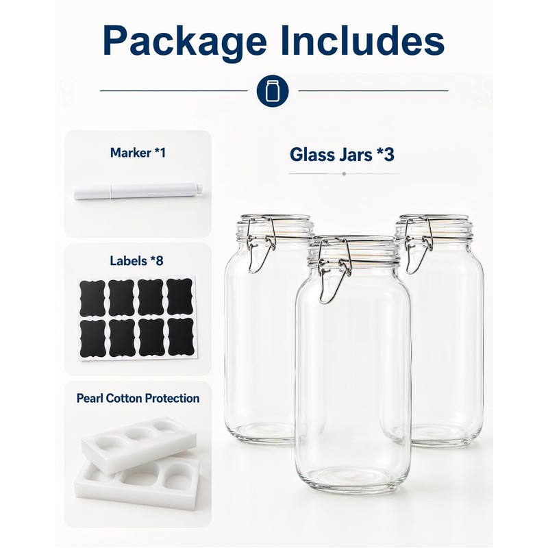 OneDream 78oz Glass Jars with Airtight Lid, 3 Pack Large