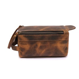 Men Toiletry Leather Bag Travel Dopp Kit (Tan Brown)