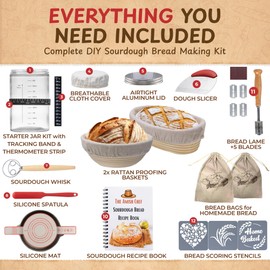 Complete Sourdough Bread Starter Kit, Glass Sourdough Starter Kit & Tons of Sourdough Bread Baking Supplies - Includes Sourdough Jar, Banneton Basket (Silicone Baskets and Jar)