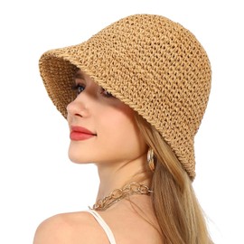 Womens Straw Beach Sun Hats,Foldable Summer Wide Brim Packable Sun Hat Summer Vacation Travel Wide Brim Cap,Khaki