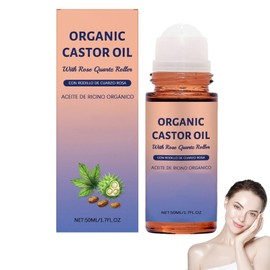Organic Castor Oil with Rose Quartz Roller, 50ml Organic Castor Oil Roll On, Natural Ingredients, Gently Nourishes Skin, Deep Hydration & Smoothing, for Belly, Face, Body, 1.7 fl oz