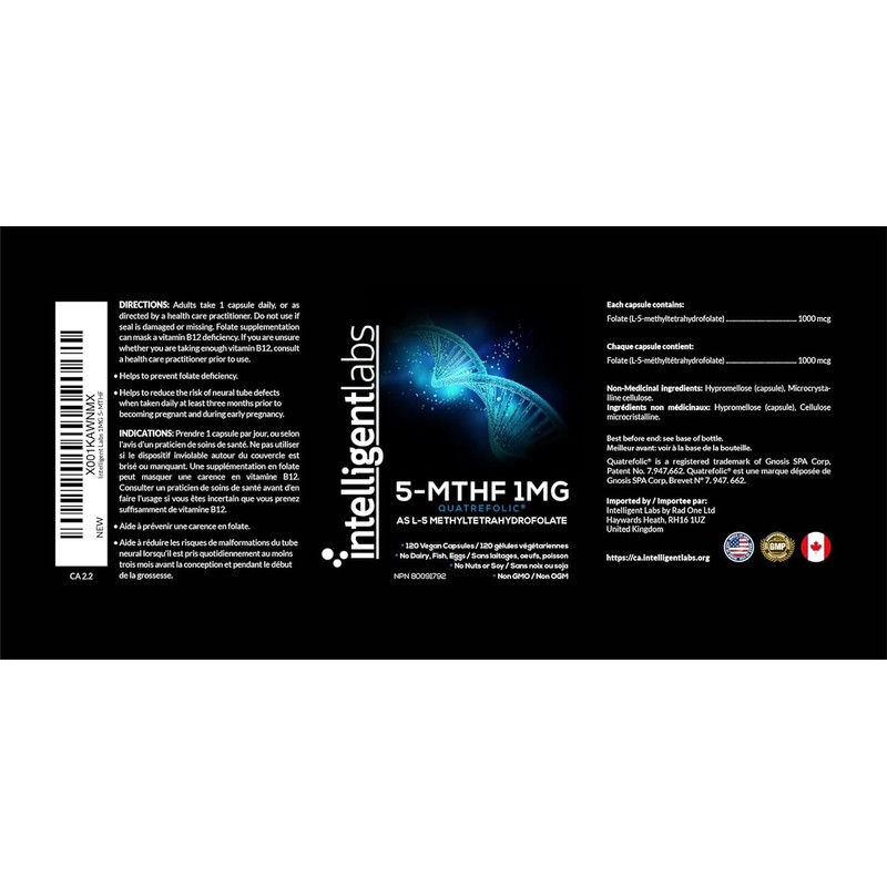Intelligent Labs 1MG 5-MTHF Methylfolate as Quatrefolic Acid®, 120 Veg