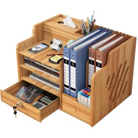 Zyners Bamboo Desk Organizer, Desktop Wood Bookshelf File Organizer, Pen Holder and Tissue Holder, 1 Drawer with lock for Office, Home, Need to Install(Cherry Wood)