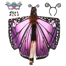 HAPNBCELE Pink-Purple Butterfly Wings Costume for Women Butterfly Fairy Dress up Wings Cape Shawl Masquerade Lace Masks Headband Hair Clips(11 PCS)