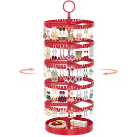 iDavosic.ly 5 Tier Rotating Earring Holder Organizer with Metal Tray, Adjustable Plastic Dangle Display Stands Tree with 285 Grooves, Large Hoop Storage Rack Tower, Red