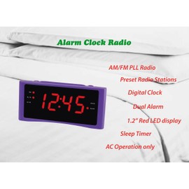 HANNLOMAX HX-151CR Alarm Clock Radio, PLL AM/FM Radio, Dual Alarm, 1.2" Red LED Display, AC Operation only. (Purple)