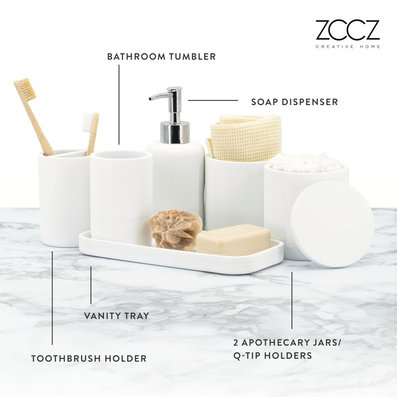 ZCCZ White Bathroom Accessories Set 6 Pieces - Toothbrush Holder,