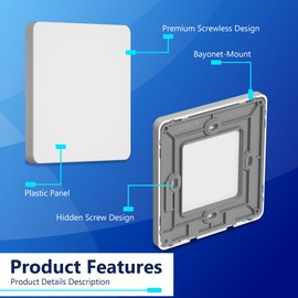 LIDER Screwless 1-Gang Blank Wall Plate, Flat Cover for Standard UK Pattress Boxes, Flame-Resistant Polycarbonate, Modern Low-Profile Design, Round Edges, UKCA Certified, White