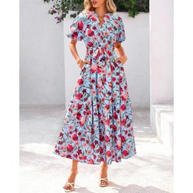 BTFBM Women Summer Floral Midi Dresses Casual Boho Puff Short Sleeve V Neck Button Belt Flowy Maxi Beach Vacation Dress(Floral Red Blue, Medium)