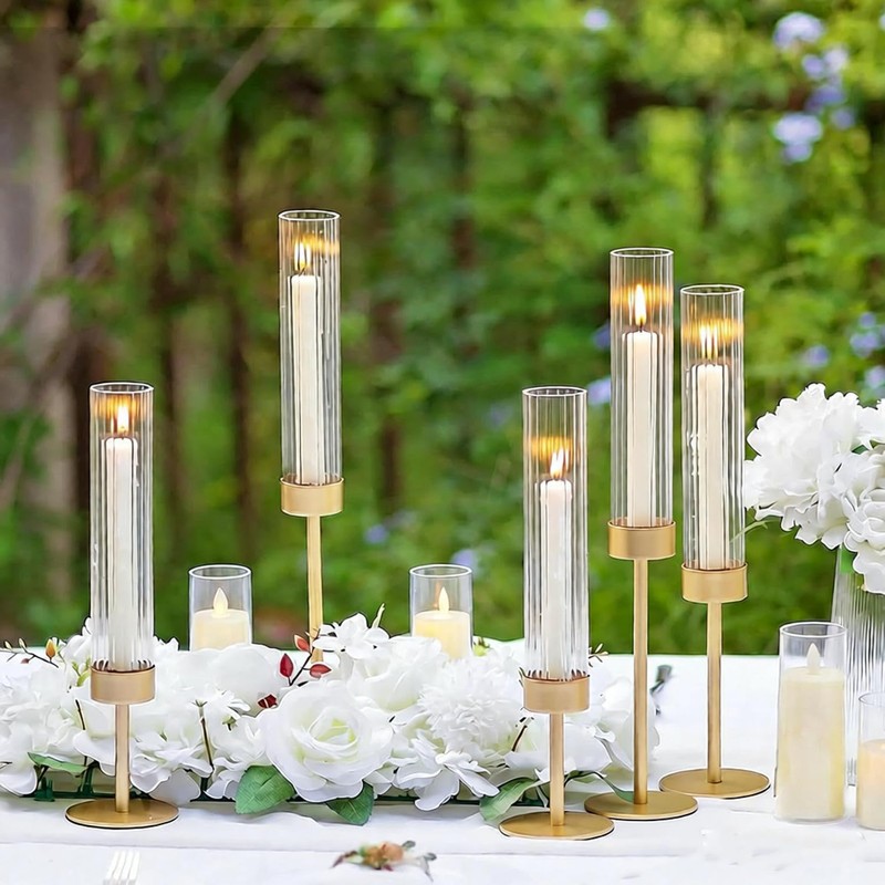 Glass Hurricane Candle Holders Set of 6,Brass Candlestick Holders,Taper Candlestick