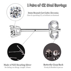EPIRORA 1 Pair Sterling Silver Stud Earrings Hypoallergenic Cubic Zirconia 3mm Small Earring for Women Men(Silver)