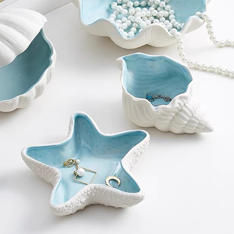 2 Pack Ceramic Jewelry Tray Starfish Conch Shape Aqua Shell