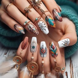 Press on Nails Fake Nails Medium Long Coffin Square French Tip Glue on Nails Glossy Acrylic Stick on Nails Full Cover False Nails for Women 24Pcs (Colorful Mandala Feathers BKS3161)