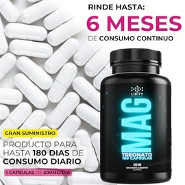L-Treonato de Magnesio 100% Puro de Alta Absorción y Máxima Pureza con 12% de Magnesio Elemental Contiene 180 Cápsulas de 500 mg (Suministro 180 Días)