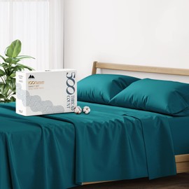 Mayfair Linen 500 Thread Count Cotton Sheet Queen Size Sheets Set, 4-Piece Long - Staple Pure Cotton Best Sheets for Bed, Cooling, Soft Silky Sateen Weave Fits Mattress Upto 16'' Deep Pocket, Teal