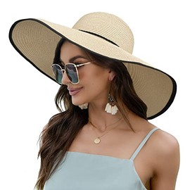 Naivlizer Women Wide Brim Sun Hat UPF50 Straw Summer Hat Floppy Beach Hat Roll-Up (Braid Beige)
