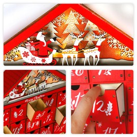 MorTime 24 Day Red House Advent Calendar with Lighted Reindeer Sled Christmas Tree Snowflake, Lighted Wooden Countdown to Christmas Calendar Decoration with 24 Storage Drawers