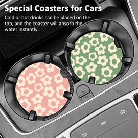 Neidius Pink Floral Car Cup Holder Coasters,Vintage Groovy Flowers Car Cup Coasters Absorbent for Drinks with Cork Base Anti-Slip Universal Ceramic Insert Auto Interior Accessories 2Pcs