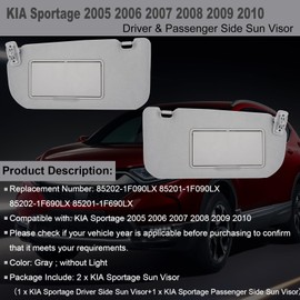 CRAZYPARTS Driver & Passenger Side Sun Visor Replacement Compatible with KIA Sportage 2005-2010 Sun Shade Without Light Replacement 85202-1F090LX 85201-1F090LX Color Gray