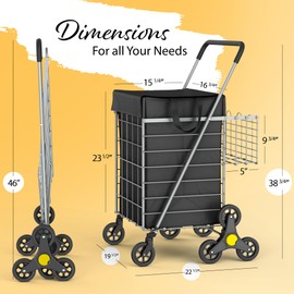 Our Modern Space Stairs Climbing Shopping Cart w/Waterproof Basket Liner & 360° Swivel Wheels | Foldable Collapsible & Lightweight | Perfect for Groceries Laundry Utility Cart - Silver