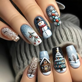 24Pcs Christmas Long Press On Nails Square Fake Nails Blue Christmas False Nails With Snowman Snowflake Designs Acrylic Nails Press Ons Glossy Long Full Cover Stick On Nails For Women