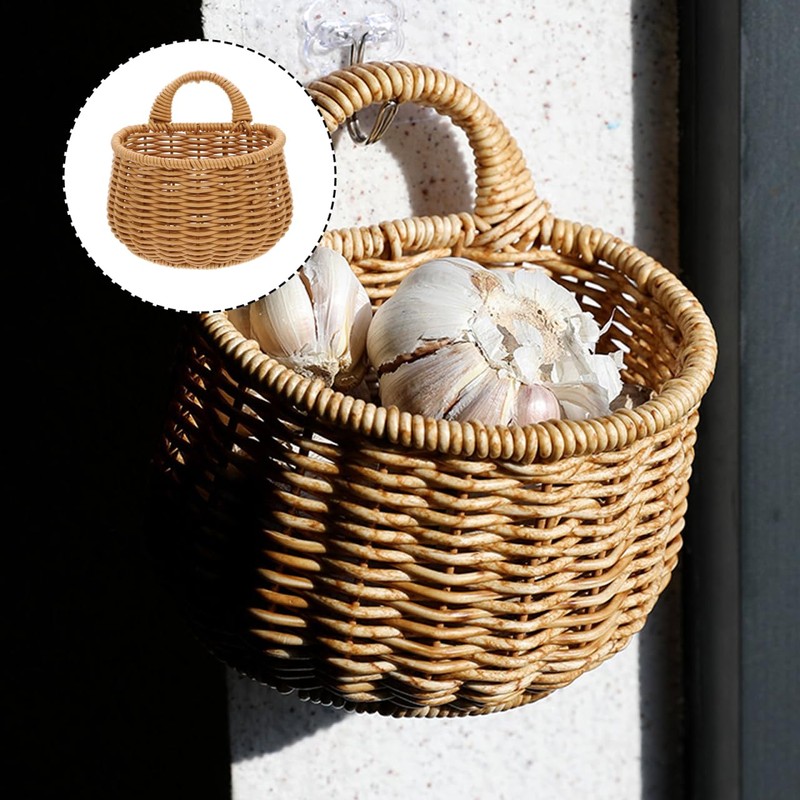 OSALADI Wall-Mounted Kitchen Basket Small Brown Imitation Woven Plastic Container