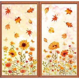 Whaline 6 Sheets Fall Floral Window Clings Watercolor Maple Leaves Sunflowers Window Decals Double-Sided Reusable Windows Stickers for Autumn Harvest Home School Office Thanksgiving Party Supplies
