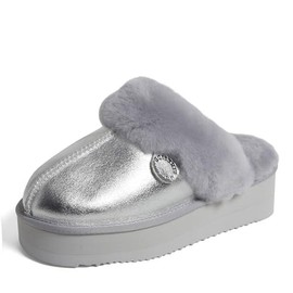 Dearfoams Women's Fireside Melton Shearling Slippers Scuff, Silver Platform, 7