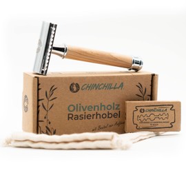 Chinchilla® Olive Wood & Metal Safety Razor | Sustainable Wet Razor for Men & Women | Includes 10 Razor Blades & Bag | Zero Waste & Plastic-Free