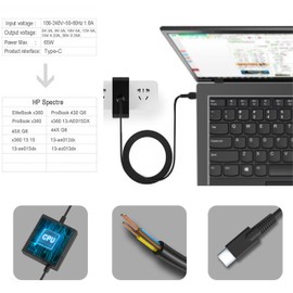 Bolggo 65W USB-C Travel AC Charger TPN-AA03 for Laptops and Phones with 20.0V/3.25A, 15.0V/4.33A, 12.0V/5.0A, 10.0V/5.0A, 9.0V/3.0A, 5.0V/3.0A, USB Type C Adapter, Black