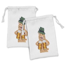 Ambesonne Cat Fabric Pouch Set of 2, Cool Pet Hat and Beer Mugs Bavarian German Drink Festival Tradition Funny Humorous, Small Drawstring Bag for Toiletries Masks and Favors, 9" x 6", Multicolor