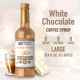 Matteo's Barista Style Sugar-Free Coffee Syrup, White Chocolate Flavor, Zero Calories and Sugar, Keto Friendly, Ideal for Lattes, Cappuccinos, Espresso, Americano, Indulgent Taste 33.8 Oz, 6-Pack