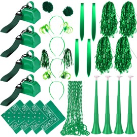 Maysing 48 Pcs Team Spirit Accessories School Spirit Items Bulk Include Collapsable Stadium Horns Pom Poms Cow Bells with Wrist Strap Headbands Bandanas Hair Extensions Beaded Necklaces(Green)
