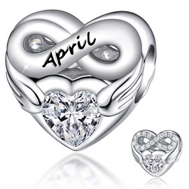 FOREVER QUEEN Women's Heart Birthstone Charm for Bracelet 925 Sterling Silver Heart Infinity Charms Bead, Birthday Gift with Jewelry Box (April Birthstone)