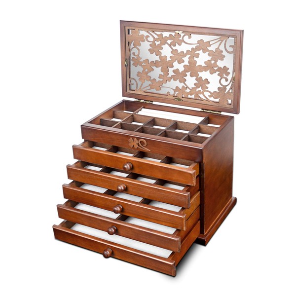 Kendal Large Upgrade Real Wooden Jewelry Box, 6 Layer with 5 Drawers, Jewelry Organizer Storage Box for Women, Dark Brown Color