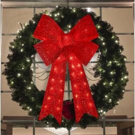 GLOWNOVA Christmas 32'' 72LED Tree Topper Decorative Bows, Christmas Glitter Red Bow for Indoor Outdoor Christmas Decorations，Wreath Decoration