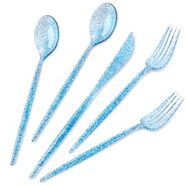 Rubtlamp 180 Pcs Blue Glitter Plastic Silverware, Clear Blue Plastic Cutlery, Heavy Duty Blue Plastic Utensils Set,Disposable Blue Flatware Include 60Blue Forks, 60Blue Spoons,60Blue Knives for Party