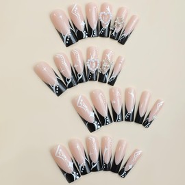 Long Press on Nails Square Nails Press ons Black French Tip False Nails 3D Heart & Five-pointed Star Designs Acrylic Nails Black Glue on Nails Cute Fake Nails for Women Manicure Art 24Pcs