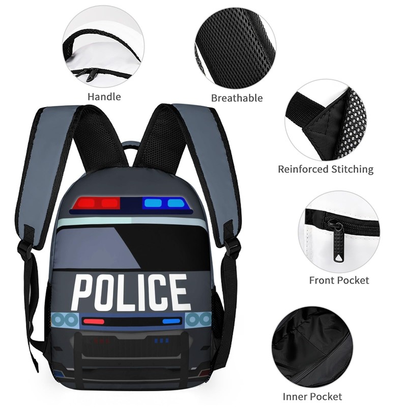 ZCJB-WSRY Cool Police Car School Backpack with Lunch Box &