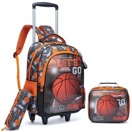 Egchescebo Kids Rolling Basketball Backpack for Boys Trolley Suitcases Luggage Travel with Wheels Bookbag Wheeled 3PCS Roller Backpacks Toddler Tote Bag Back Pack School Bags Set Elementary Red