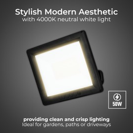 Luceco Outdoor Security LED Floodlight for Driveways, Walkways and Gardens, Fit and Tilt Multi-Positioning, Exterior Lighting, Luceco Essence, Black, IP65 50W, 5250lm, 4000K, EFLD50B40