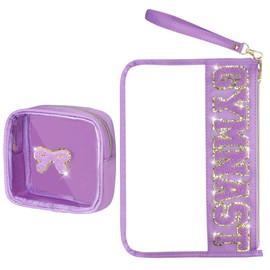 2Pcs Cosmetic Makeup Bag with Chenille Letter Patch Gift for Women Waterproof PVC Cosmetic Organizer Storage Travel Cosmetic Bag Portable Toiletry Storage Bag for Women Girl, Purple