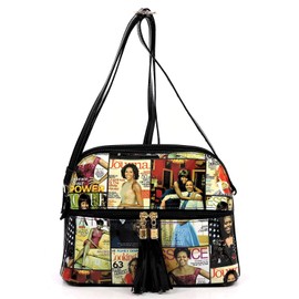 AMY&JOEY Glossy magazine cover collage multi compartments crossbody bag purses Michelle Obama bags with tassels (MULTI/BK)