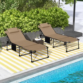 Outsunny 2 Piece Folding Chaise Lounge with 5-Level Reclining Back, Tanning Chair with Face Hole, Outdoor Lounge Chair with Side Pocket & Headrest for Beach, Yard, Patio, Beige