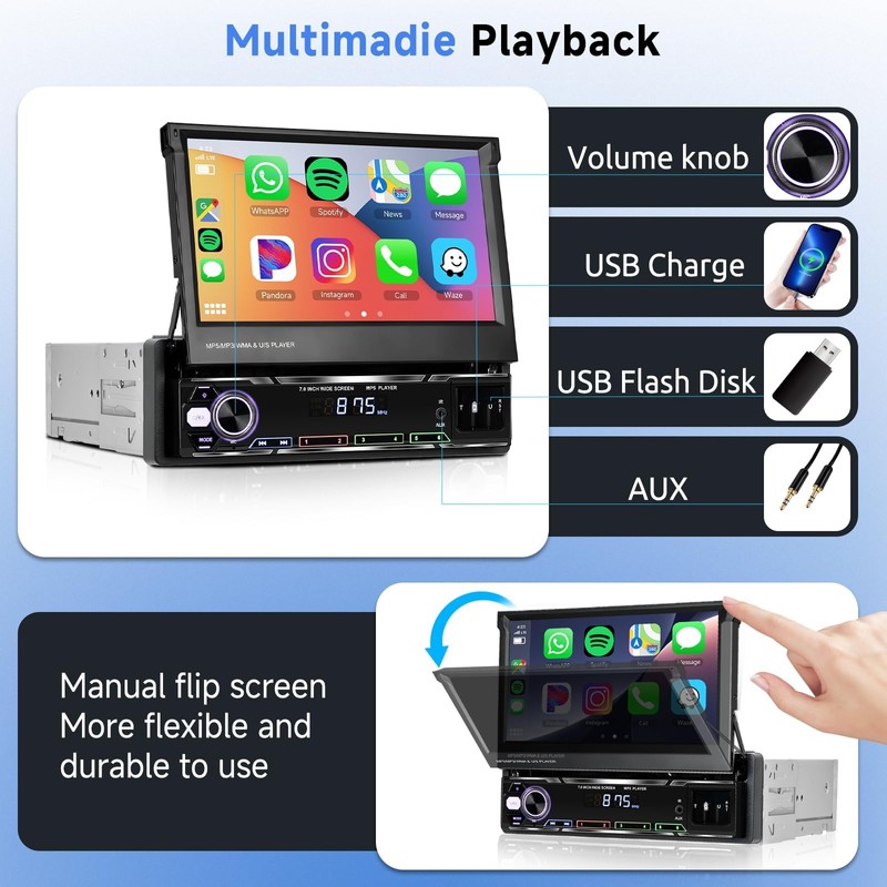 Podofo Upgrade Wireless CarPlay Single Din Radio 7 Inch Flip