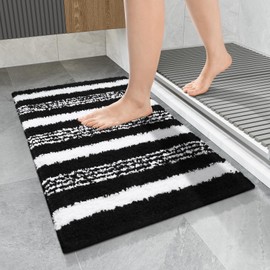 LOCHAS Bathroom Rugs, 24" x17" Bath Rug Non Slip Absorbent, Washable Microfiber Bathroom Mat Luxury Fluffy Soft, Shaggy Bath Mats for Shower Quick Dry, Black