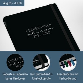 Häfft® Teacher Planner 2025/2026 A5+ "Black Edition" Hardcover Teacher's Calendar, School Year Planner, School Planner with Sayings, Stickers and More - Sustainable & Climate Friendly