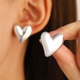 Inilbran Boho Heart Stud Earrings Vintage Love Heart Earrings Gold Puffy Heart Earrings Minimalist Heart Shape Earrings Jewellery for Women and Girls, Zinc